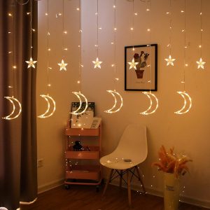 Dazzle Bright Ramadan Curtain String Lights, 138 LED 8.2ft x 3.2ft Warm White Star Moon 8 Lighting Modes Fairy Lights with Remote for Bedroom Wall, Wedding, Outdoor Party, Ramadan Decorations