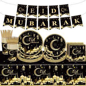 98PCS Eid Mubarak Party Supplies Black and Gold Ramadan Tableware Set Ramadan Mubarak Paper Plates and Napkins Eid Mubarak Party Decorations Eid Al-fitr Party Disposable Dinnerware Set for 16 Guests