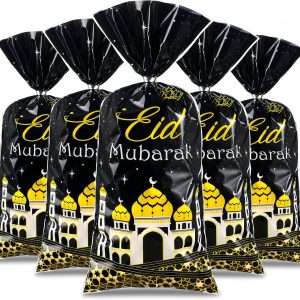 Blulu 100 Pcs Eid Mubarak Gift Bags Ramadan Decorations Clear Goodie Candy Plastic Cellophane Treat Bags with Silver Twist Ties for Eid Mubarak Party(Black Gold)
