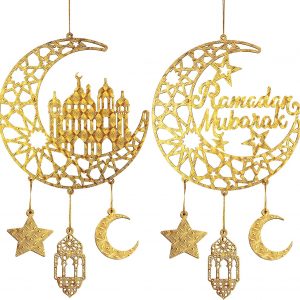 2 Pieces Eid Mubarak Door Sign Wooden Hanging Signs, Ramadan Kareem Hollow Ornament Decorations Moon and Stars, Moon Shape Ramadan Mubarak Party Wood Wall Hanger for Islamic Muslim Home Decor